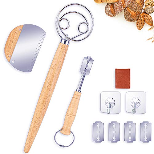 Danish Dough Whisk Bread Mixer Set, Hook Dutch Whisk and Dough Scraper with 4 Replacement Blades for Bread Dough, Pastry or Pizza Dough - Perfect for Baking