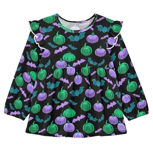 Fluorescent Pumpkin Bat Girls Shirts Cotton Long Sleeve Ruffle Toddler Tee Tops