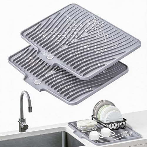 TIKNIK Silicone Dish Drying Mat for Kitchen Counter, Grey-2pcs, 20" x 15"