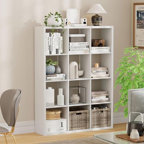 Jpiziso 12-Cube Storage Organizer Wooden Cube Shelf Bookcase with Reinforced Thick Shelves Heavy-Duty 36.93 L x 9.37 W x 48.82 H for Living Room Bedroom Home Office White