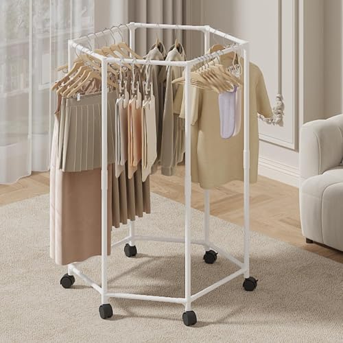 THEGA Perchero Giratorio De Pie, Perchero Hexagonal con Ruedas, Expositor Portátil para Colgar Ropa En Dormitorios, Boutiques Y Tiendas Comerciales(White)