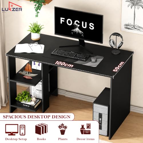 Image of Lukzer Engineered Wood Computer Desk with One Tier Shelves Laptop Study Table for Office Home Workstation Writing Modern Desk (ST-007 /Black / 100 x 50 x 77 cm)