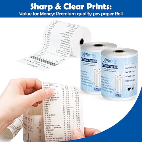Image of MOREBLUE Credit Card, Food Bills Direct Thermal Receipt Paper Roll, Pack of 50 57mm(2 inch) x 15 Meter, Ink Free Print for POS, Credit Card Machines, & Petrol Pumps