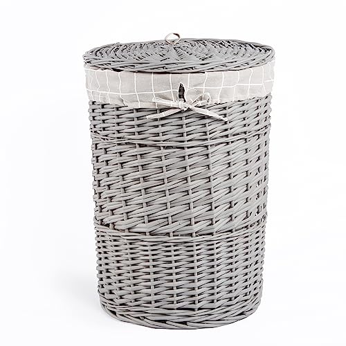 Natural Finish Round Laundry Wicker Basket Cotton Liner with Lid Bathroom Storage (Grey, Medium)