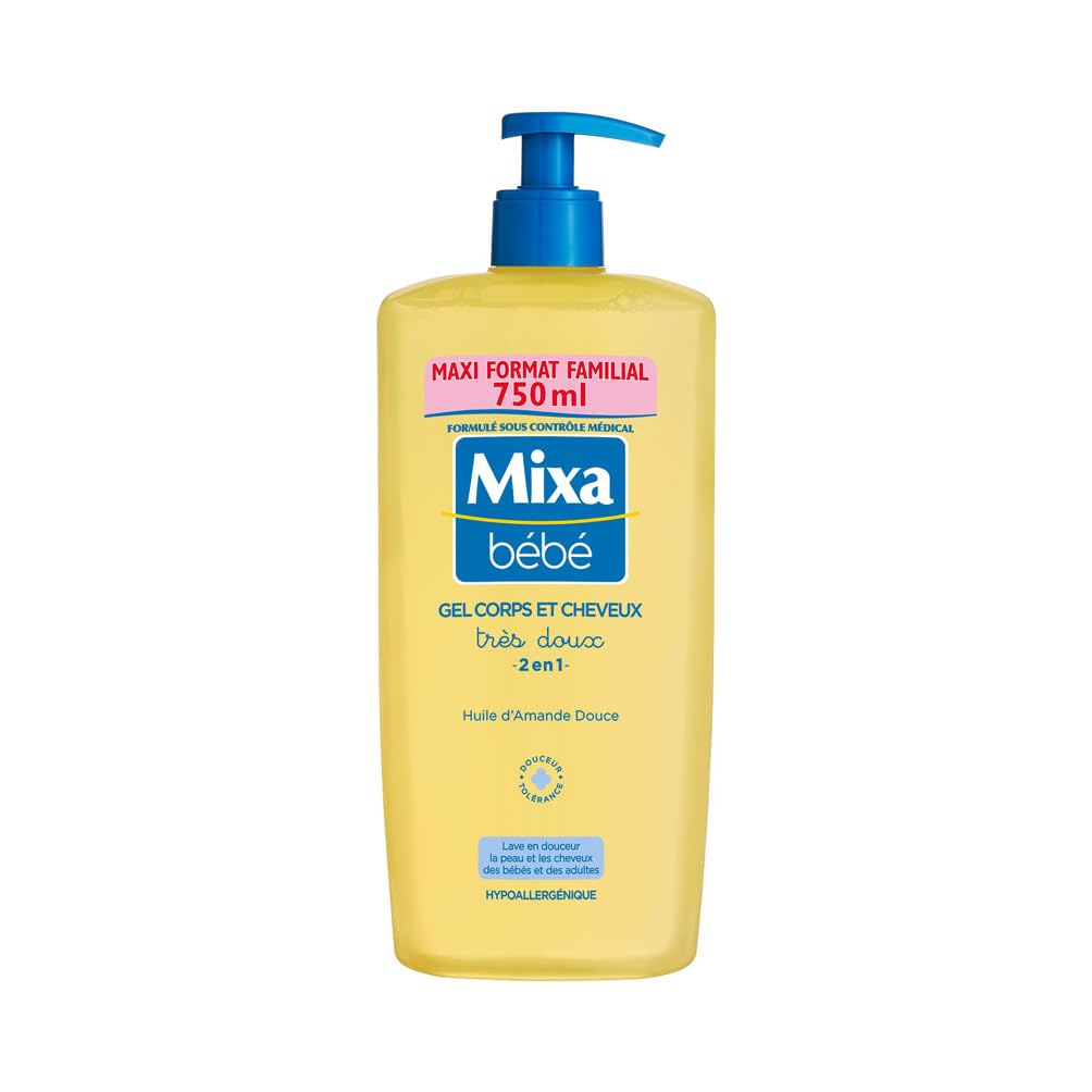 Mixa Bébé Gel 2 en 1 Corps et Cheveux Très Doux - À l'Huile d'Amande Douce -​Hypoallergénique - pH Neutre - Maxi Format Familial 750 ml