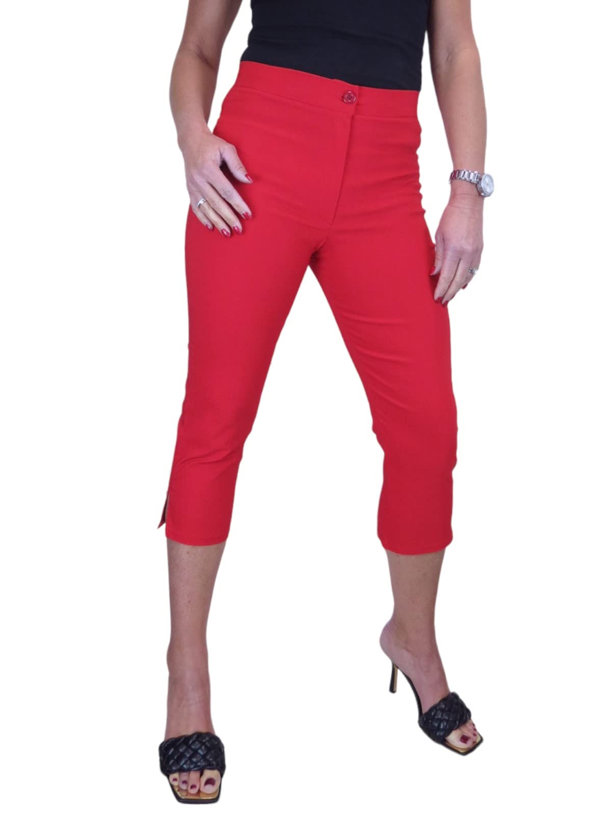 icecoolfashion Womens High Waist Skinny Stretch Pedal Pushers Cropped Trousers Ladies Work Office Crop Capri Pants Formal 3/4 Length Red 8-22 (18)