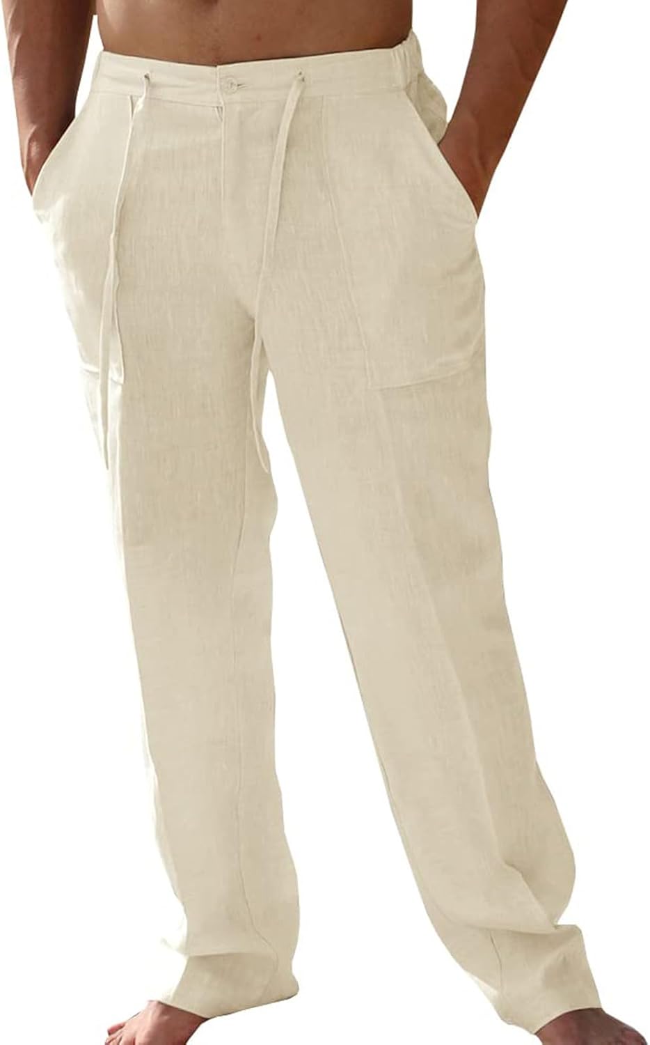 lcyhony Linen Pants Men Relaxed fit Elastic Waist Drawstring Dress Pants Summer Lightweight Casual Beach Pants with Pockets