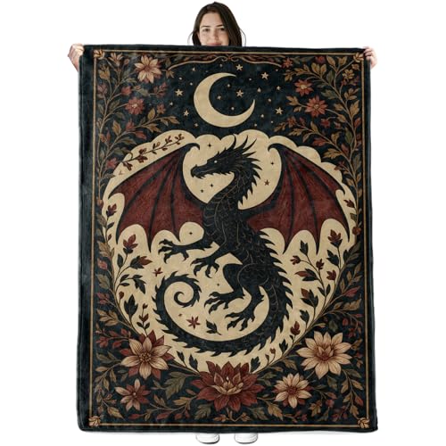 Dragon Moon Blanket Gifts for Boys Girls Kids Gothic Fantasy Dragon Warm Soft Flannel Throw Blankets for Bedroom Travel Sofa Room Birthday Christmas Spring Decor 50x60 in