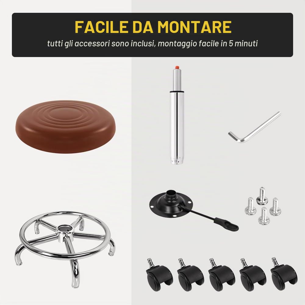 WKWKER Sgabello Rotondo Di Bellezza Rotolante Su Ruote In Pelle PU Girevole Regolabile In Altezza Salon Chair Sgabello Cucina Lavoro SPA Sgabelli Con Ruote (Marrone)