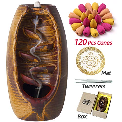 INONE Ceramic Incense Holder, Waterfall Backflow Incense Burner, Free 120 pcs Incense Cones