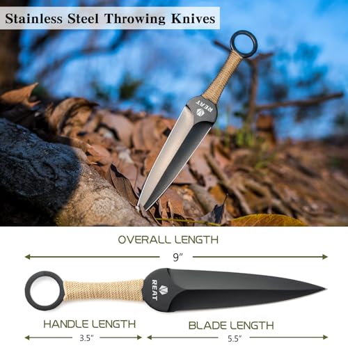 REAT Throwing Products - 6 Piece, 9\" 440 Stainless Steel with 3 Tan 3 Black Kunai and a Paper Target, Includes Includes Nylon Carrying Case for Safe Storage for Competition, Training and Recreation