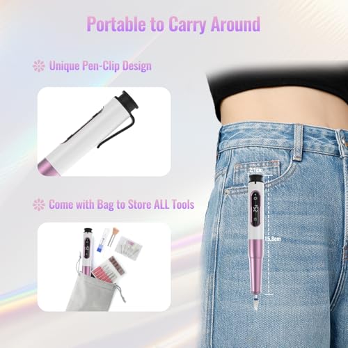 Denabuty Nail Drill Cordless, Electric Nail File 12 in 1 with LED Display, Nail Drill Machine Professional Portable Rechargeable E File for Gel Acrylic Manicure Pedicure Set with 5 Speeds Purple — view 6
