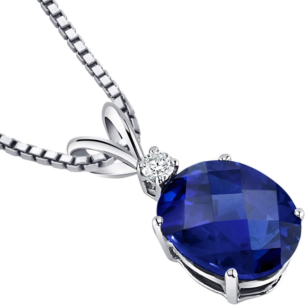 PEORA 14K White Gold Created Blue Sapphire with Genuine Diamond Pendant for Wome, Elegant Solitaire, 3.65 Carats Oval Shape AAA Grade, Sparkling Blue Sapphire Jewelry, September Birthstone Gift