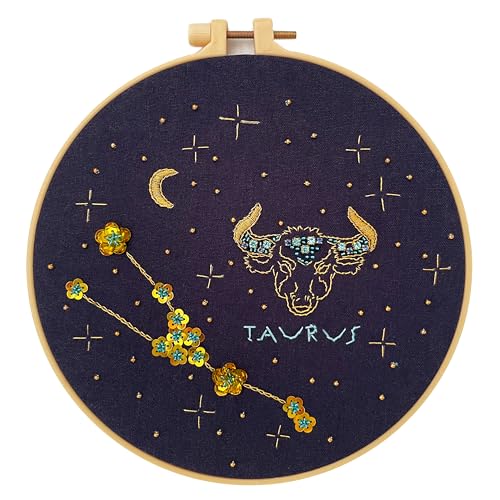 mozhijing Constellation Embroidery Kit for Adults with Stamped Pattern, Round Beads for Embroidery DIY Crafting,Cross Stitch Beginner Kits with Frame,Star Sign Embroidery Kit. (Taurus)