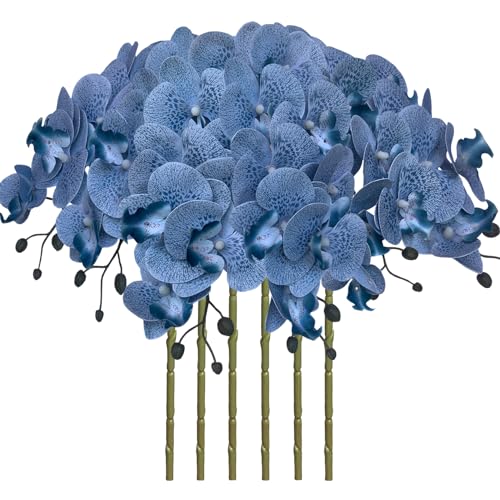FagusHome 32 Inch Artificial Phalaenopsis Flowers 6 Pcs Artificial Orchid Flowers Stem Plants for Home Décor (Blue Piebald)