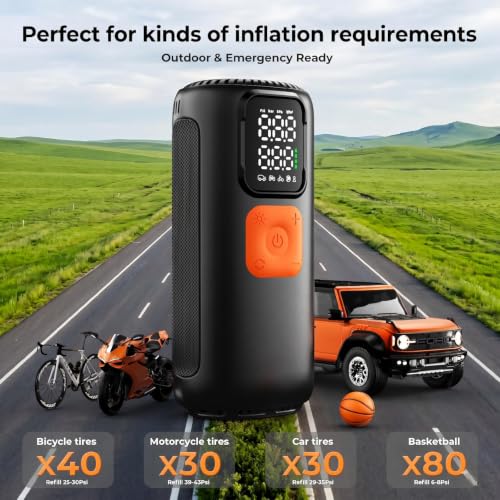 Tire Inflator Portable Air Compressor, 160 PSI Fast Inflation with 22 Cylinder Motor, Cordless Tire Pump with Digital Pressure Gauge, Auto Shut-Off, Air Pump for Car, SUV, Motorcycle, Bicycle, Black — view 3