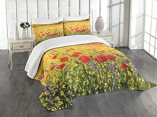 Ambesonne Flower Bedspread, Colorful Field Poppies Bloom Flowers Lavender Farmland Hills Scenery, Decorative Quilted 3 Piece Coverlet Set with 2 Pillow Shams, King Size, Yellow Orange Green