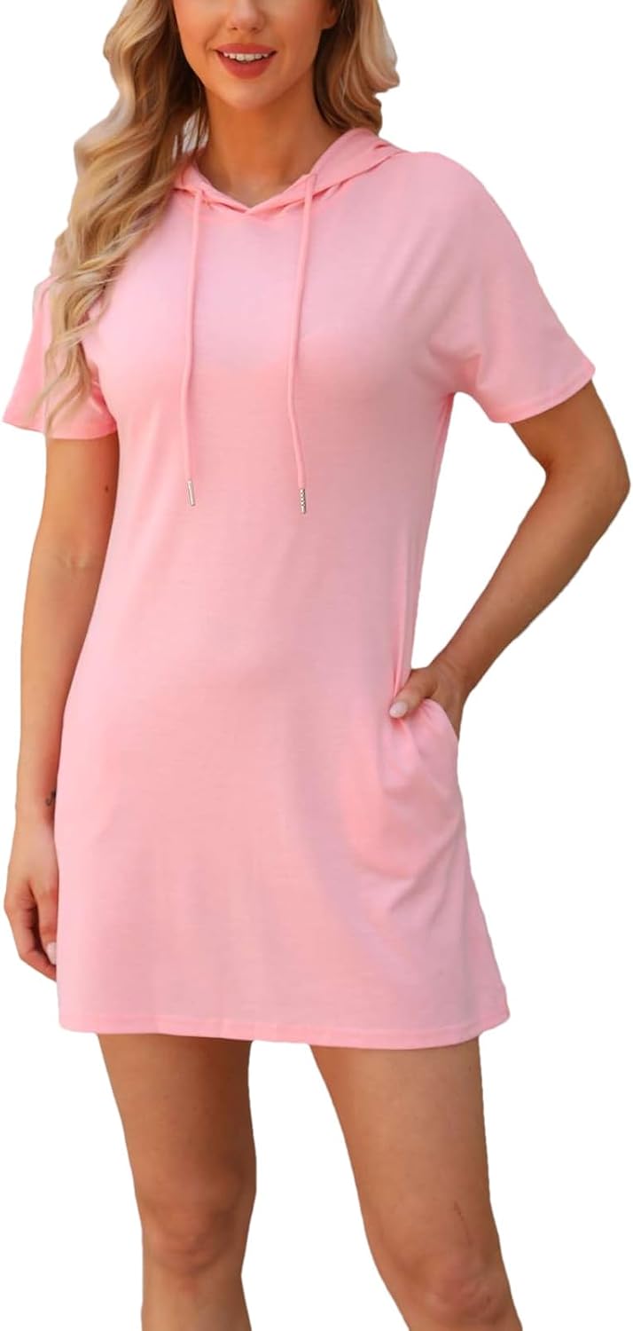 amropi Women's Summer Hoodie Dress Short Sleeve Pullover Casual Hooded Sweatshirt with Pocket