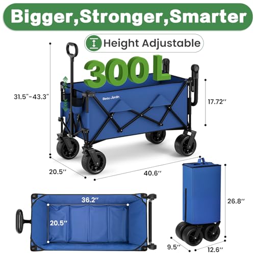 BEAU JARDIN Folding Push & Pull Beach Wagon 500 lbs Collapsible Foldable Wagons with Push Handle All Terrain Wheels Grocery Utility Camping Skiing Ice Fishing Sports Garden Wagon Cart Blue