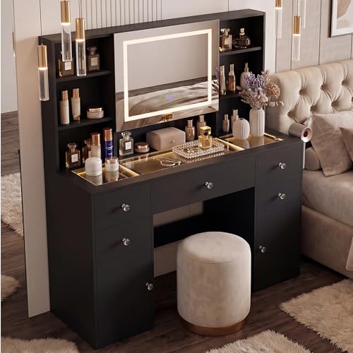 Image of YESHOMY Makeup Table with Power Outlet and Hair Dryer Holder, 3 Folden Mirror with Hidden Storage Shelves, 3 Drawers and 2 Storage Cabinet, for Bedroom, Black
