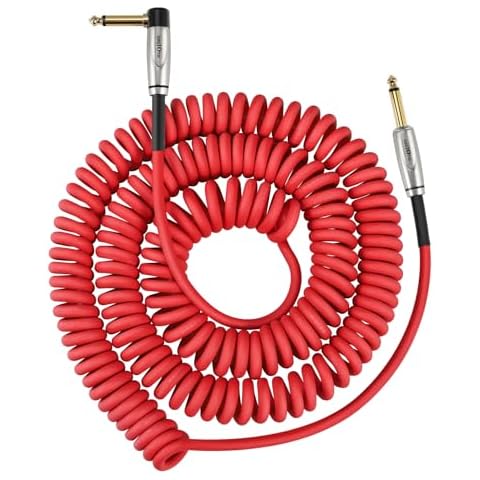 Augioth Coil Guitar Cable 30ft, Curly Electric Instrument Guitar Bass Cord AMP Lead 1/4 Straight to Angled Red Cover