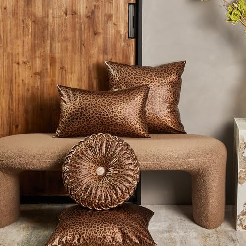Image of EUCIOR Leopard Gold Throw Pillows,Circular Pillow,Pumpkin Pleated Handmade Throw Pillows,Smooth Metallic Leather Decorative Pillows for Home Decor Bedroom Living Room Couch Bed Sofa