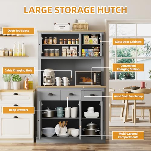 Image of 71 inch Kitchen Hutch with Charging Station Grey