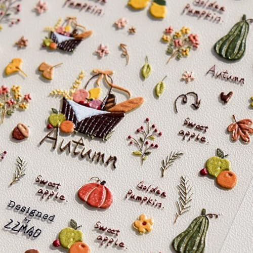 Fall Nail Stickers – 5D Embossed Autumn Nail Art with Pumpkins,...