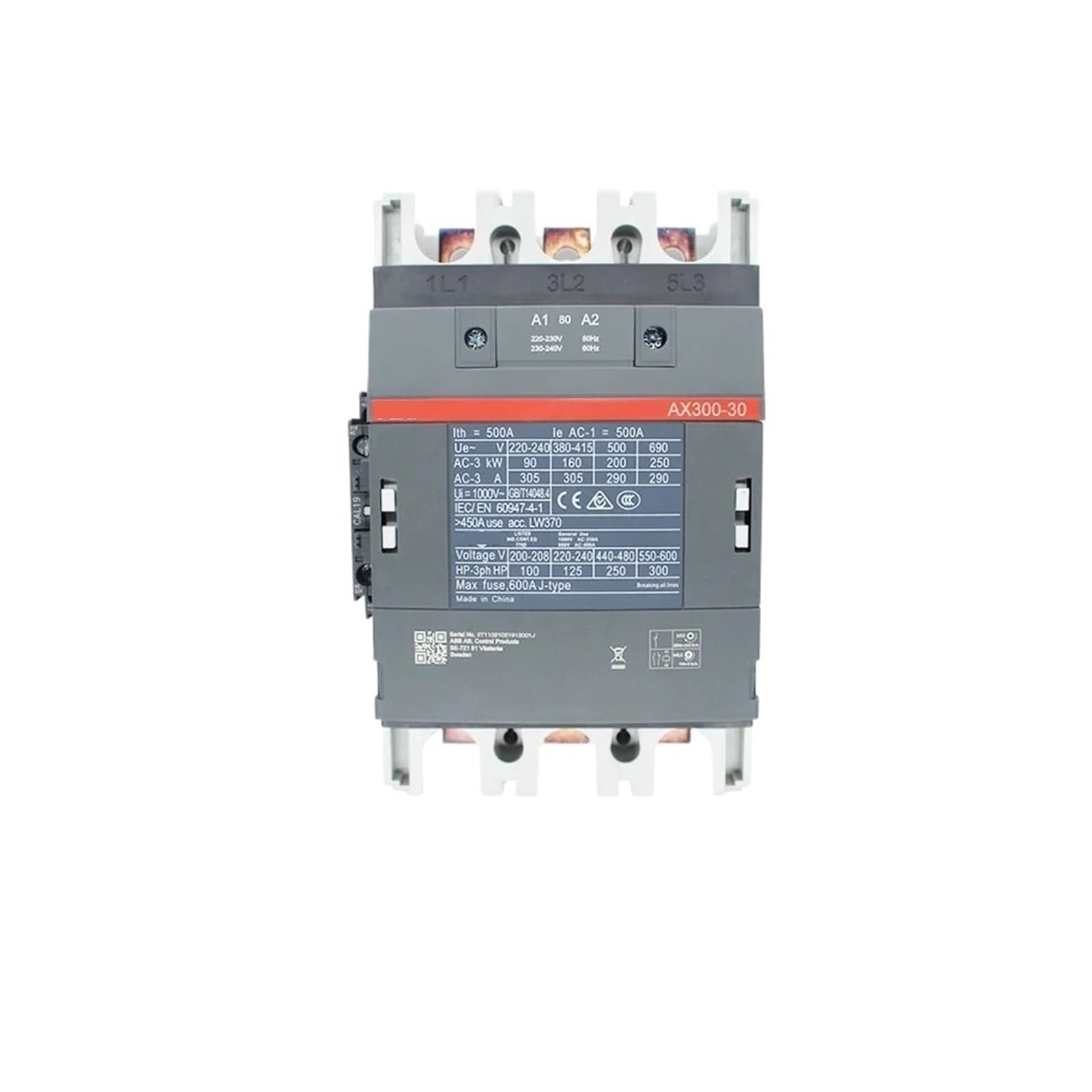 Contacteurs tripolaires 1NC et 1NO 50HZ/60HZ 24V~440V 300A AX300-30-11 24V, AX300-30-11 220V, AX300-30-11 380V, AX300-30-11 110V Contacteur(AX300-30-11 220V)