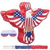 Hicarer Patriotic Piñata with Red White Blue Piñata Stick Blindfold and Pentagram for Adult Memorial Day 4th of July Independence Day Patriotic Party Decorations Supplies(Eagle)