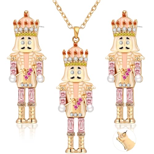 Quelay 3 Pcs Christmas Jewelry Set for Women 1 Pairs Christmas Earrings 1 Necklace Jewelry Set for Xmas Gifts(Nutcracker Pink)