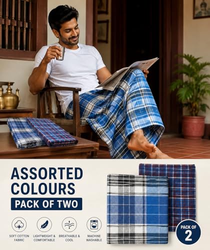 Image of Premium Cotton Lungi for Men, 2 Meter, Multicolor Checked Pattern, Soft Comfortable Fabric, Pack of 2