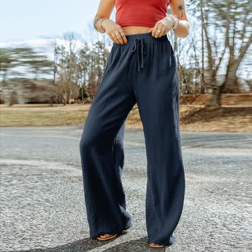 Loose Pants for Women Summer, Fit Travel Drawstring Wide Leg Vacation Womens Trouser Flowy Outfits Flared Slacks4