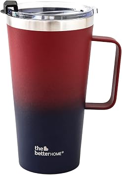 The Better Home Insulated Coffee Mug with Lid & Handle 450ml | Double Wall Insulated Stainless Steel Coffee Mug | Hot and Cold Coffee Tumbler | Coffee Mug for Travel | Maroon-Blue