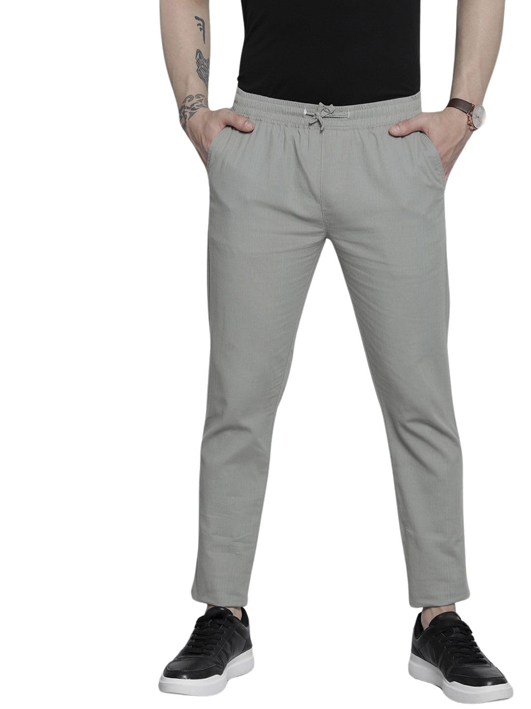 the indian garage co Men Slim Fit Solid Mid-Rise Elasticated Linen Jogger Trouser-picture-34