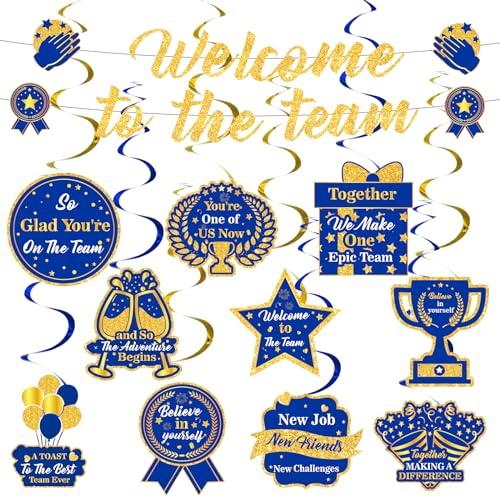 Welcome To The Team Banner Blue Gold Glitter Welcome Banner Decorations Welcome New Employee Hanging Swirls Decorations for Office Newcomers Staff Welcome Party Decoration for Office Party Decorations Supplies