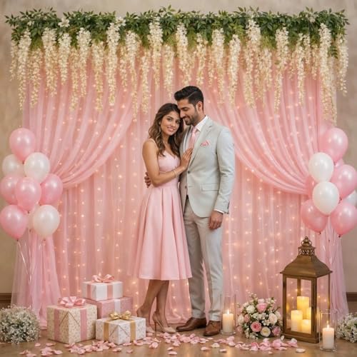 Image of Party Propz Light Pink Net Curtain for Backdrop Decoration with Artificial Ivory Wisteria Flower & Light -9Pcs, Ganpati Decoration Setup for Home, Ganpati Decorations, Varalakshmi Pooja, Janmashtami