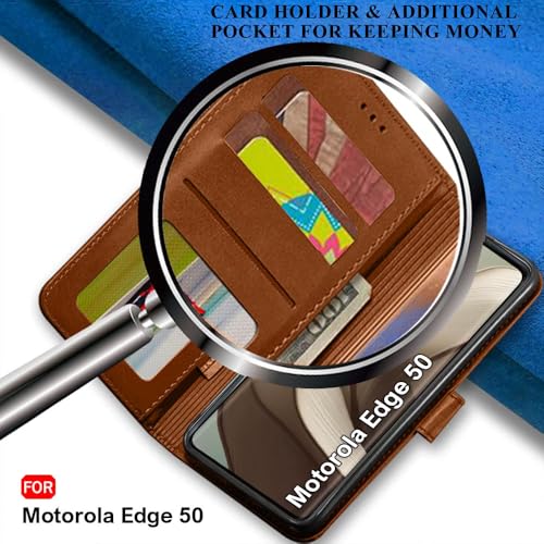 Image of TheGiftKart Flip Cover Back Case for Motorola Moto Edge 50 5G | Genuine Leather Finish | Designer Button | Inbuilt Pockets & Stand | Wallet Style Flip Case Cover for Moto Edge 50 (Faux Leather, Brown)