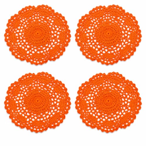 8 Round Crochet Doilies 4Pcs, Cotton Floral Lace Placemats, Handmade Embroidered Coasters for Table Furniture Wedding Decor (Orange)