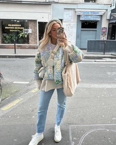 Tankaneo Womens Floral Patchwork Quilted Jacket Lightweight Cropped Open Front Puffer Coat Fall Oversized Short Outerwear4