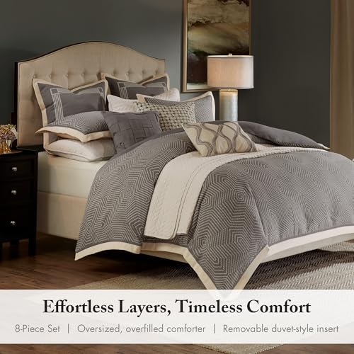 Image of Madison Park Signature Cozy Comforter Set - All Season Bedding Combo | Filled Insert and Removable Duvet Cover, Shams, Decorative Pillows, Queen (92 in x 96 in), Geometric Grey 8 Piece