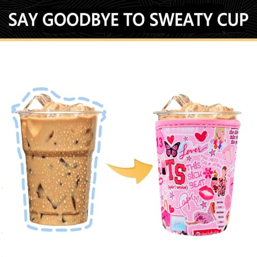 Image of YR Reusable Neoprene Insulator Sleeve for Iced Coffee Cups, 3 Pack Coffee Coolies sleeves for Iced & Hot Drinks, Cold Beverage Cooler Compatible with Starbucks Coffee and More (Pink)