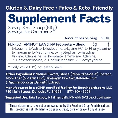 Image of BodyHealth PerfectAmino Powder - BCAA and EAA Powder for Pre and Post Workout - Amino Acid Energy Drink for Men and Women to Support Lean Muscle and Recovery - Chocolate - 30 Servings