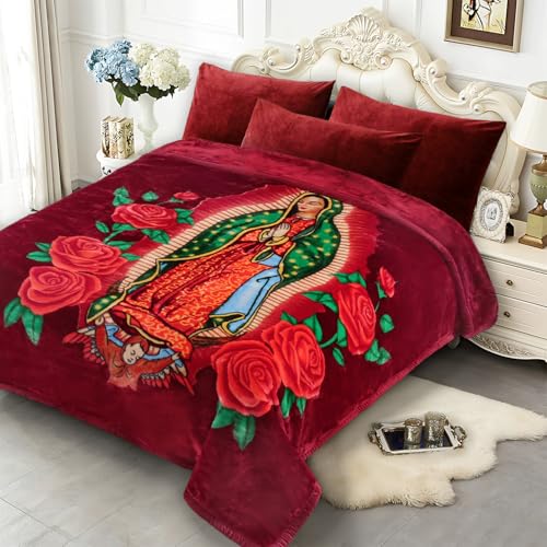 Image of JYK Korean Mink Fleece Bed Blanket Queen Size 75 inch x 87 inch, 5 Pounds - 2 Ply Reversible Silky Soft Plush Warm, Comfy Blanket for Autumn, Winter -Rose /Virgin Mary