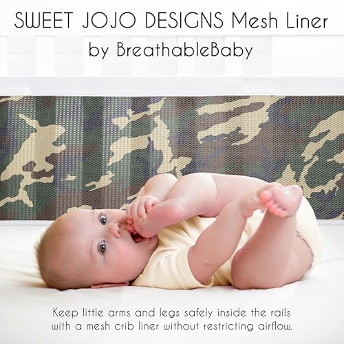 Image of Sweet Jojo Designs + BreathableBaby 2-Piece Breathable Mesh Crib Liner Set (Woodland Camo) for Boys, Baby, Infants /Newborn Nursery (Rustic, Forest, Army Military, Camouflage Print, Beige, Green /Black)