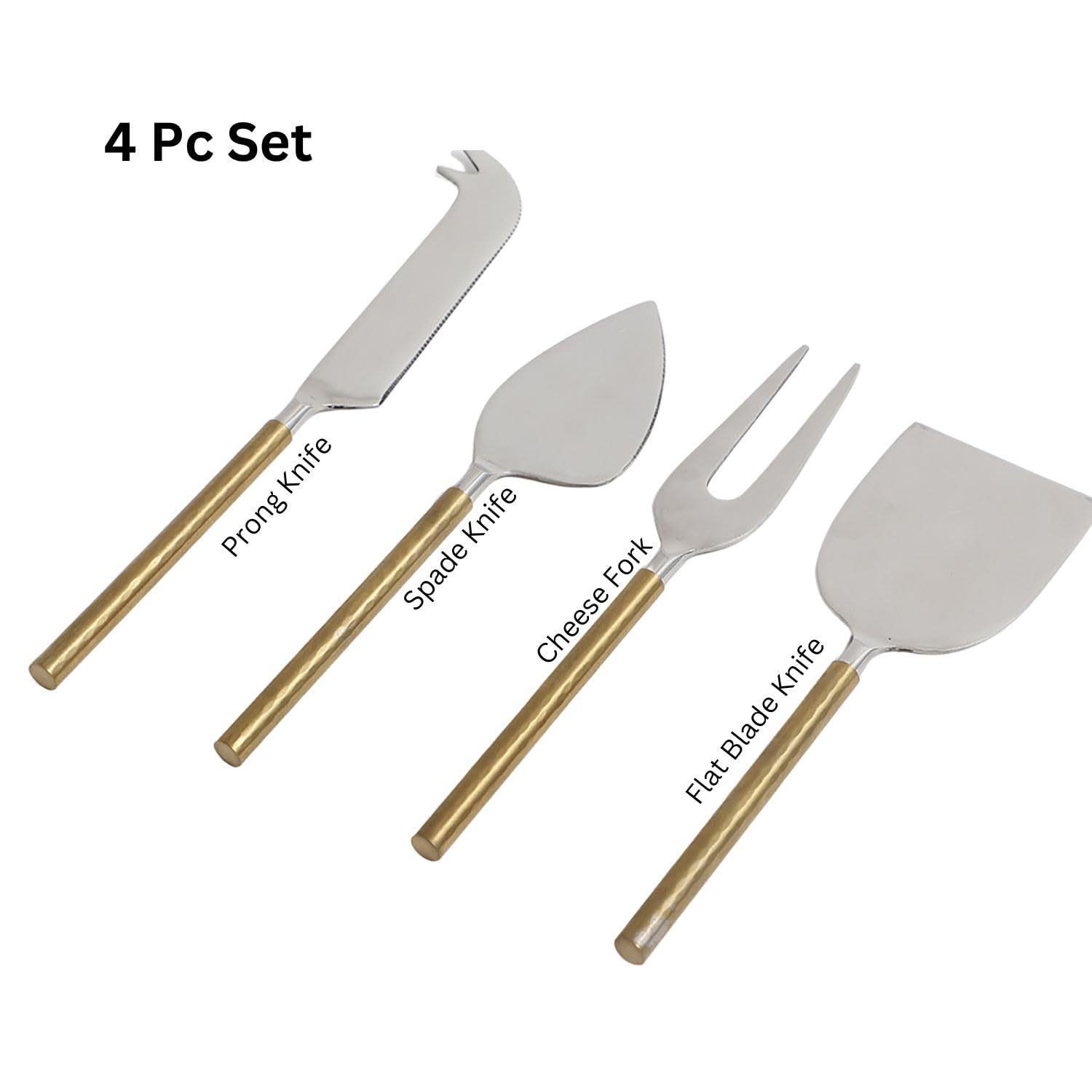 VarEesha Hammered Gold Handles Glossy Steel Heads Stainless Steel Cheese Knives Set | Set of 4 Pieces Cheese Knives, Stainless Steel Cheese Spreader,Slicer,Prongs,Fork 1