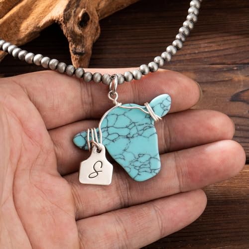 Custom Cow Head Western Necklaces For Women Navajo Pearls Necklace Personalized Initial Cattle Tag Necklace For Her Western Jewelry Gifts For Mother Daughter Cowgirl2