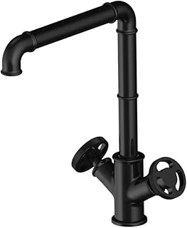 Mélangeur d'évier de cuisine Vintage noir industriel Steampunk Style rétro double volant mélangeur d'eau froide et chaude robinet d'évier à bec pivotant en laiton massif avec raccords standard