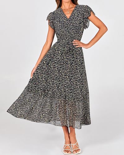 Image of BTFBM Women Summer Bohemian Floral Casual Wrap V Neck Ruffle Cap Sleeveless Belt A-Line Pleated Hem Midi Sun Dress White