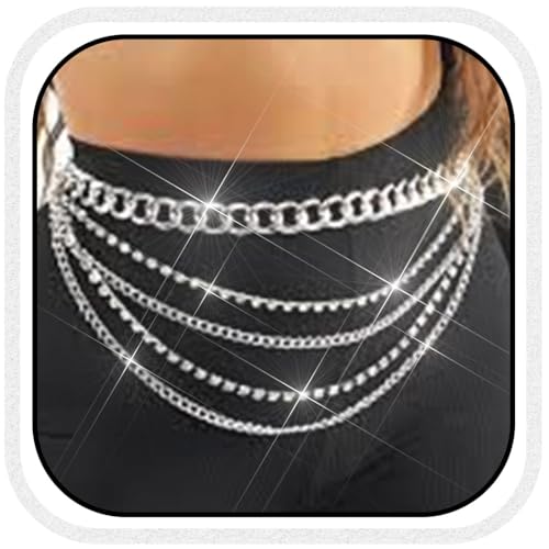 Bodiy Multilayer Waist Chain Belt Cuban Crystal Sparkly Belly Chains Rave Body Jewelry Accessories for Women and Girls
